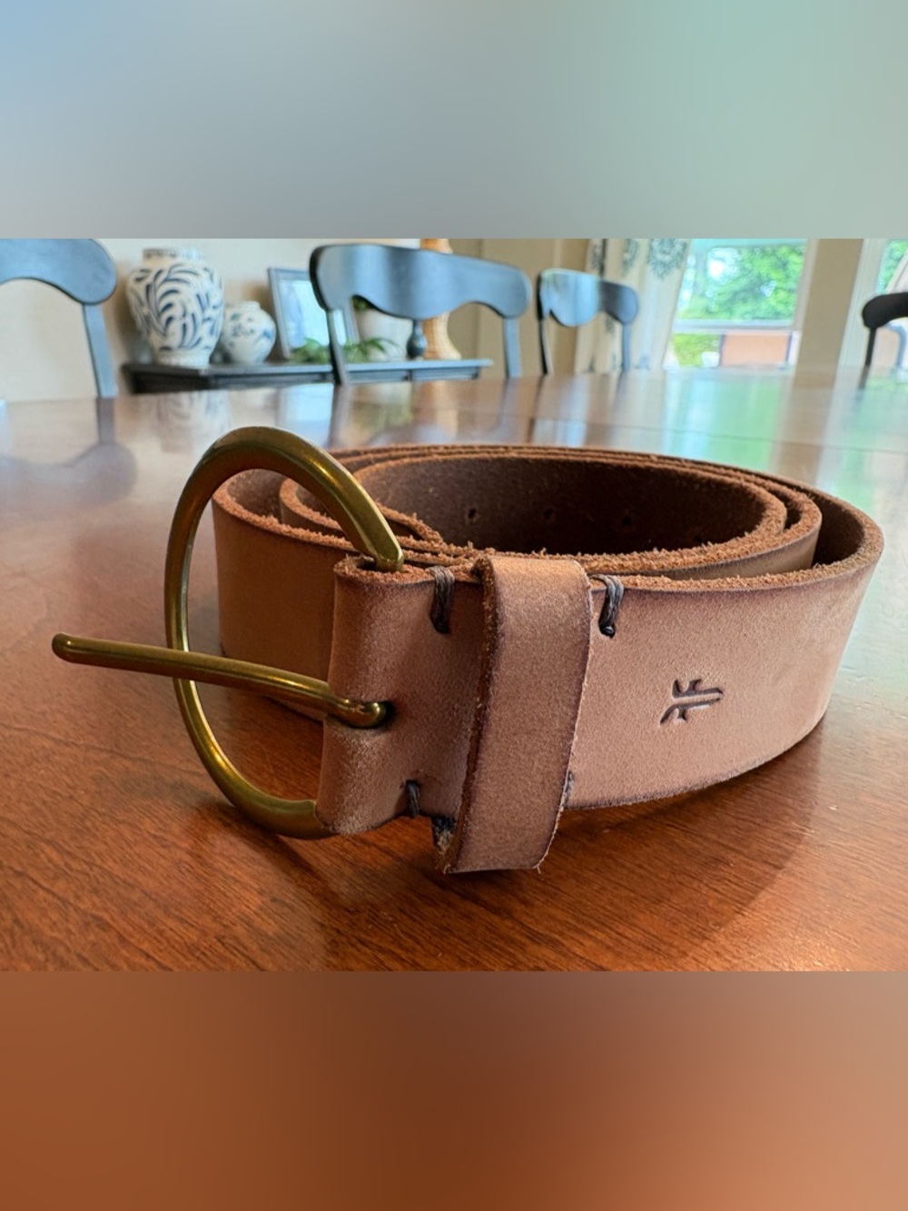 🤎 Frye Genuine Leather Belt – Women’s XL | Light Tan | 1.25” Wide Brass Buckle